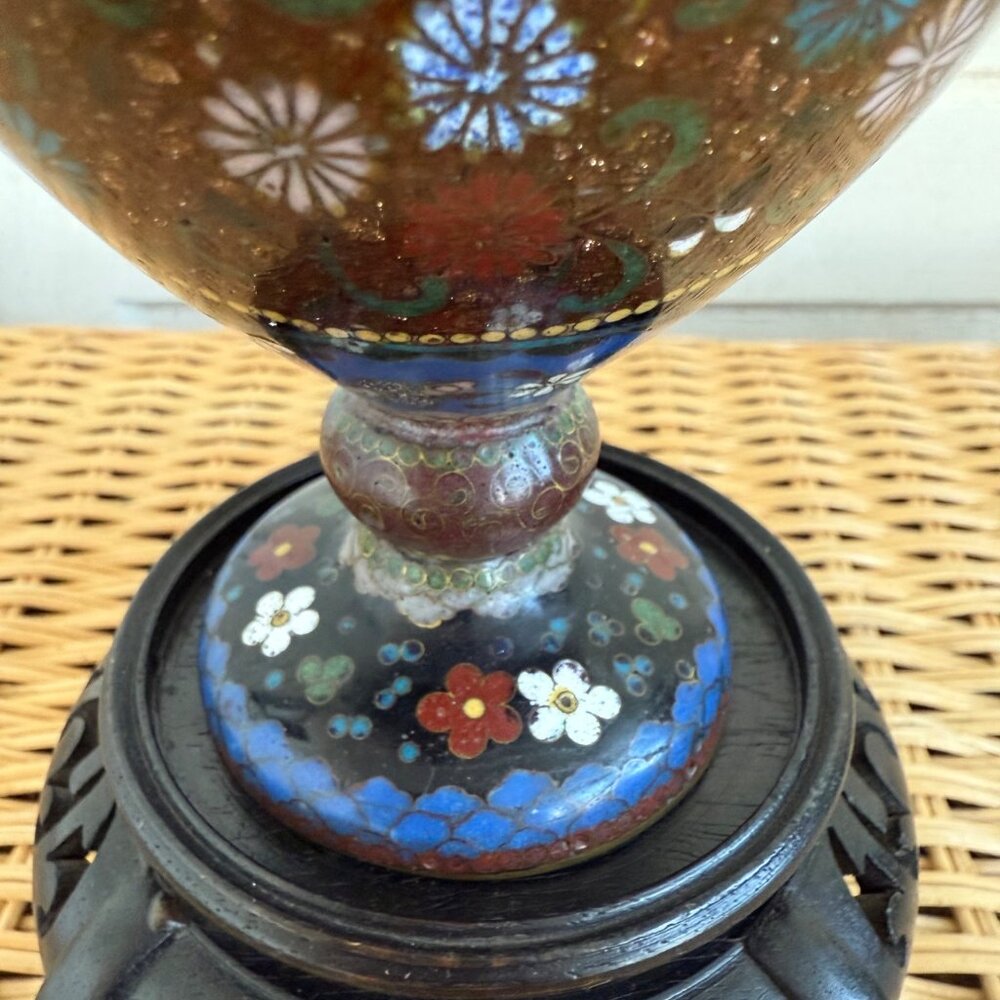 Antique Meiji 1910s Japanese Goldstone Cloisonne' Urn/ Stand Butterfly flower 7" - Picture 14 of 16